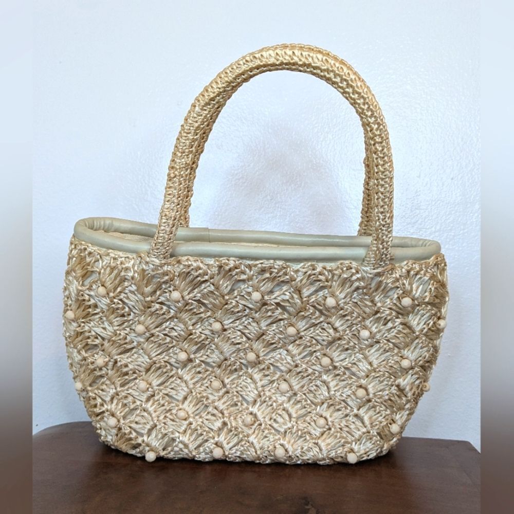 VTG Raffia Beaded Purse Eclectic Grandma Coastal Countryside Fairy Garden Girl